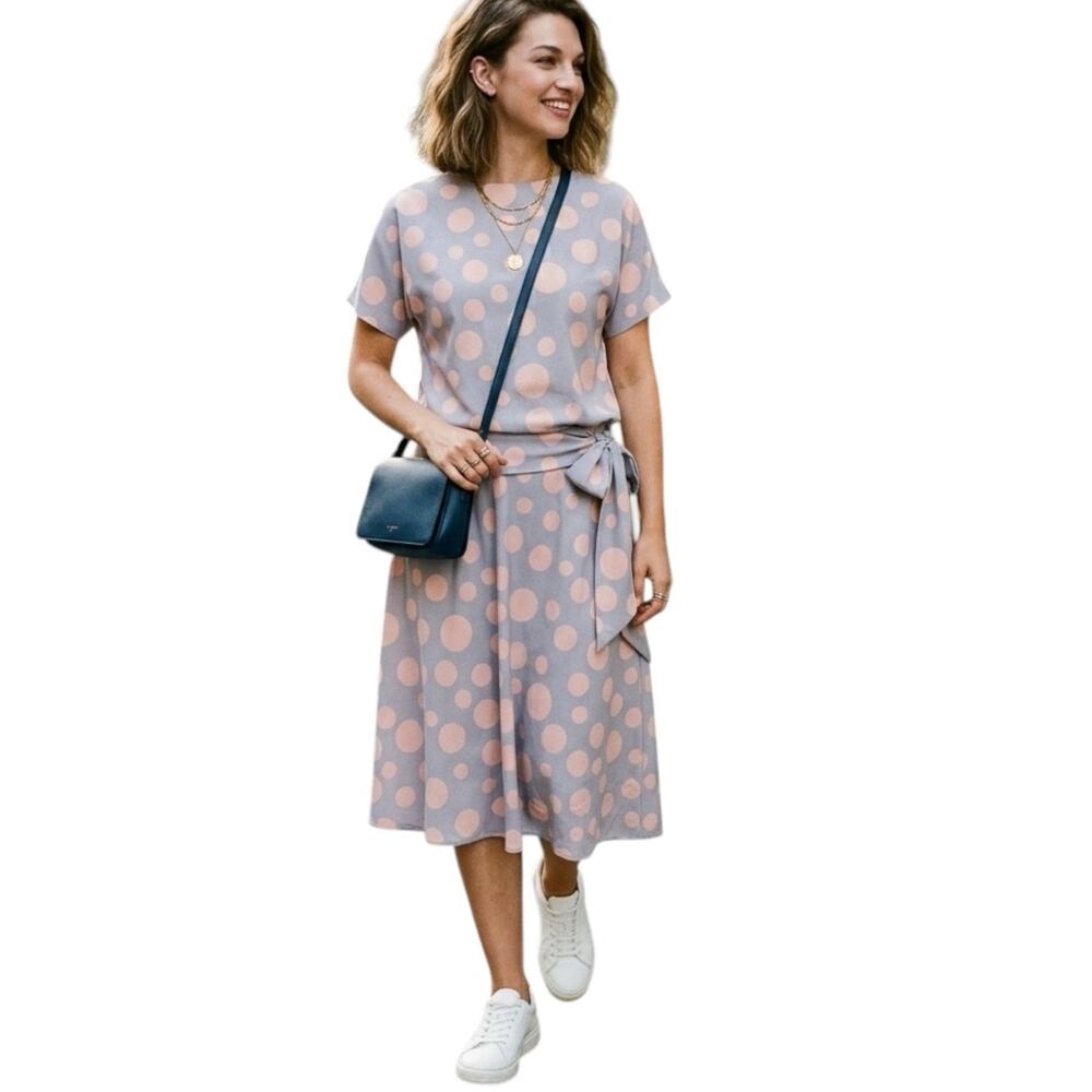 Vintage 60's Captiva Polka Dot Short Sleeve Tie Waist Midi Dress Gray Pink Sz 4